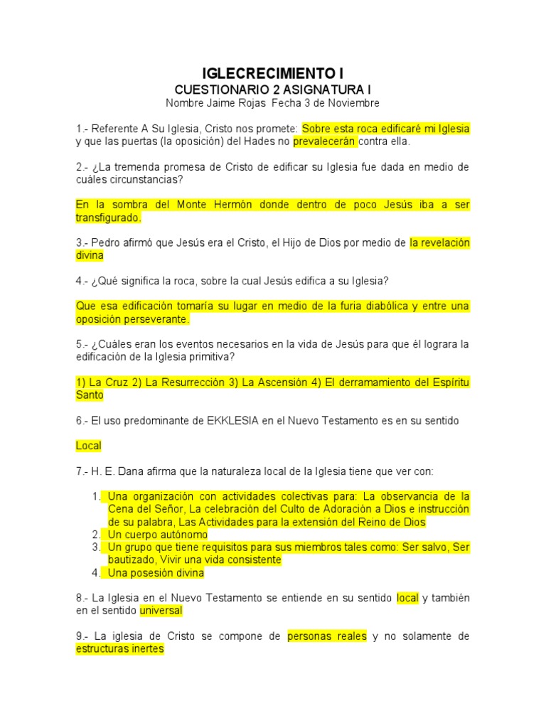 Iglecrecimiento Cuestionario 2 | PDF | Cristo (título) | Iglesia Católica