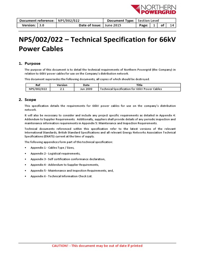 NPS - 002 - 022 Tech Specs For 66kV Power Cables | PDF | Insulator ...