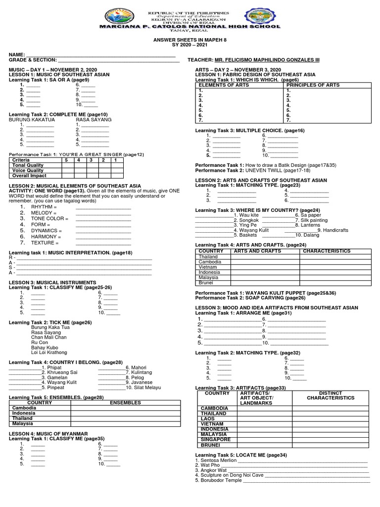 Grade 8 MAPEH Answer Key PDF | PDF | Adolescence | Learning