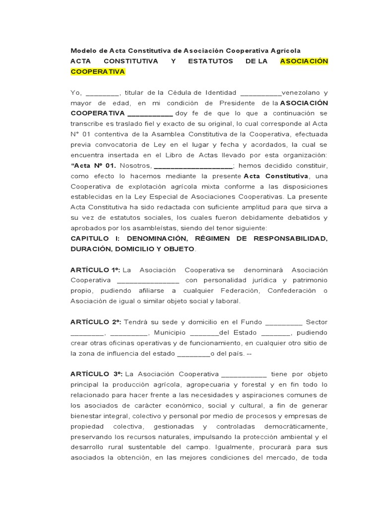 Modelo de Acta Constitutiva de Asociación Cooperativa Agricola | PDF |  Cooperativa | Quórum