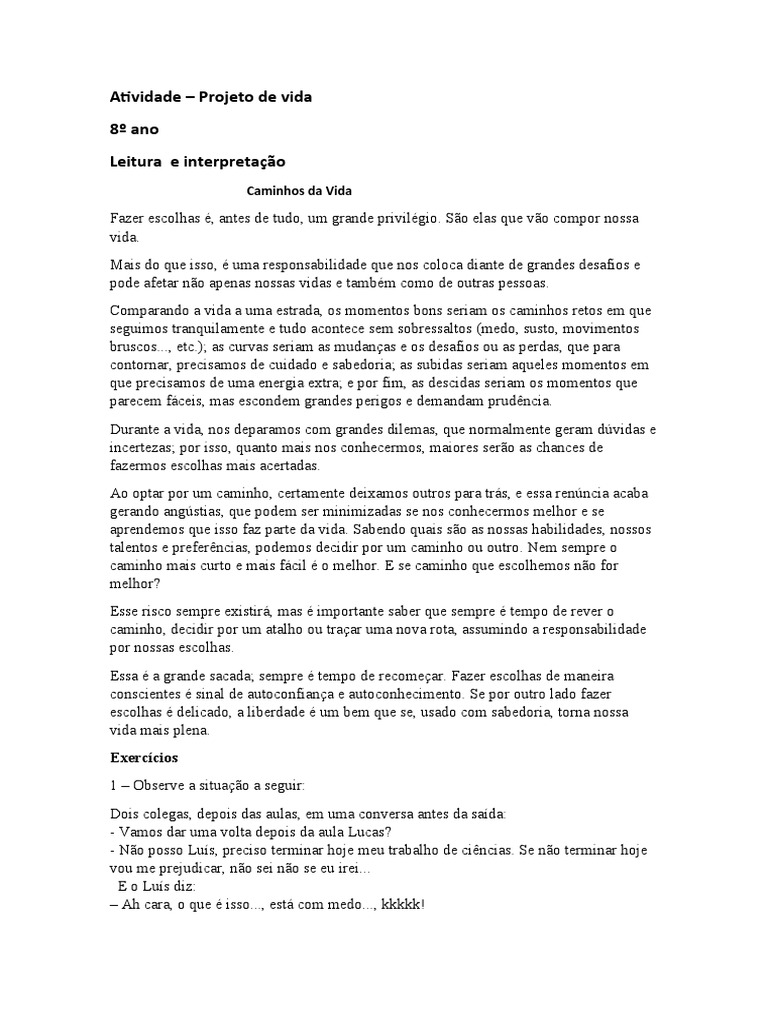 Atividades de Projeto de Vida 8º Ano | PDF | Sabedoria | Liberdade