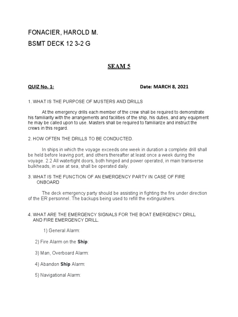 Crew Emergency Preparedness Training Quiz Answers on Shipboard