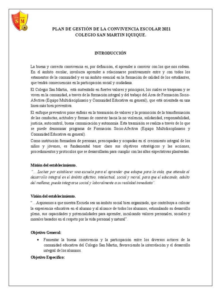 Plan de Gestión de Convivencia Escolar 2021 | PDF | Aprendizaje | Violencia