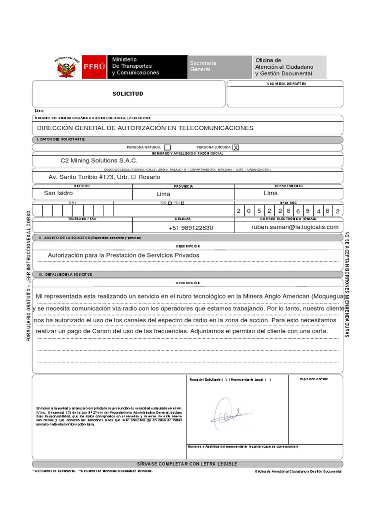 Solicitud de Autorización MTC | PDF