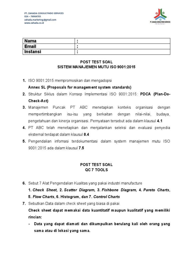 Post Test ISO 9001:2015 dan Kualitas | PDF | Bisnis | Teknologi & Rekayasa