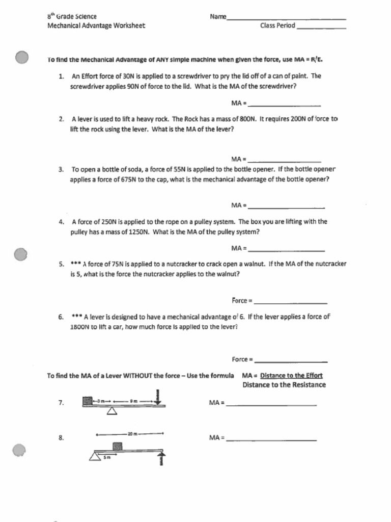 Mechanical Advantage Practice Sheet PDF
