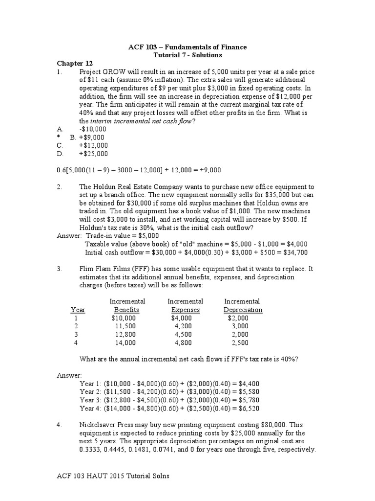 ACF 103 - Fundamentals of Finance Tutorial 7 - Solutions | PDF ...