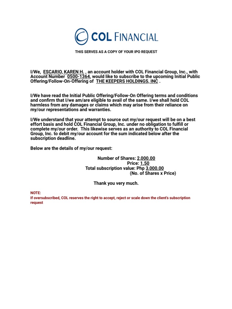 This Serves As A Copy of Your Ipo Request | PDF | Finance & Money ...