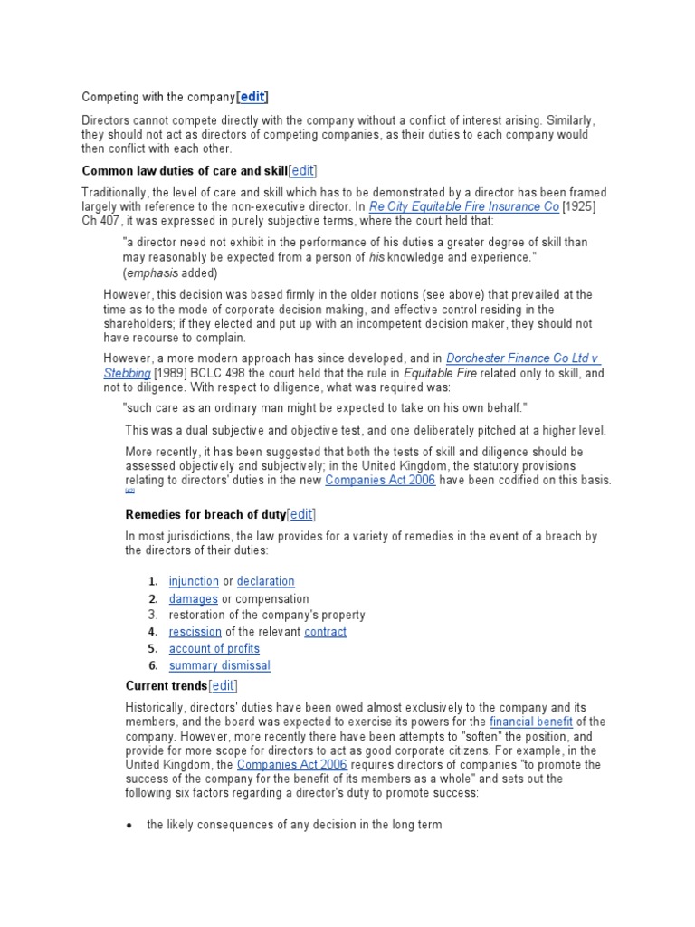Common Law Duties of Care and Skill Competing With The Company PDF