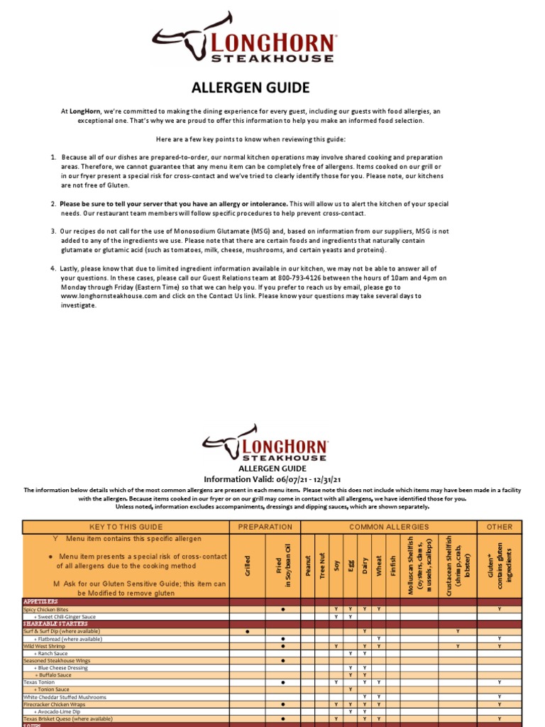 Longhorn Allergen Guide PDF Shellfish Food Allergy