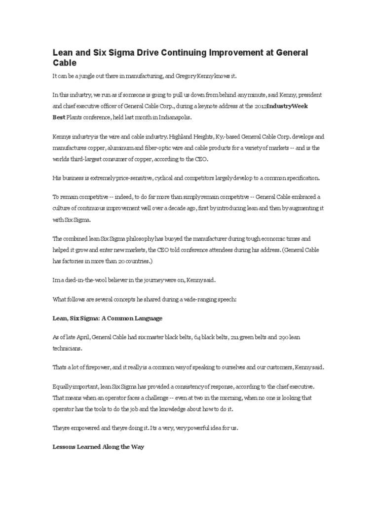 Lean and Six Sigma Drive Continuing Improvement at General Cable | PDF ...
