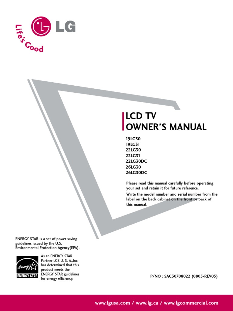 LCD TV Owner'S Manual: 19LG30 19LG31 22LG30 22LG31 22LG30DC 26LG30