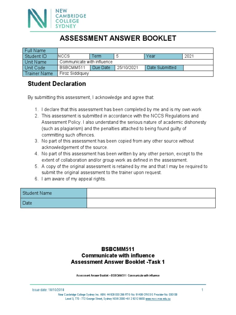 Gleico Henrique Task 1 Assessment Answer Booklet - BSBCMM511 | PDF ...