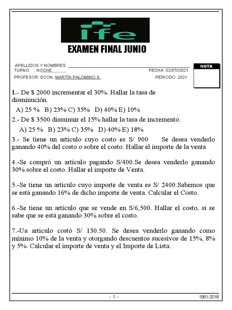 EXAMEN FINAL DE MATEMATICA FINANCIERA Porcentaje | PDF | Finanzas y dinero