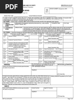CBP Form 301   customs bond form