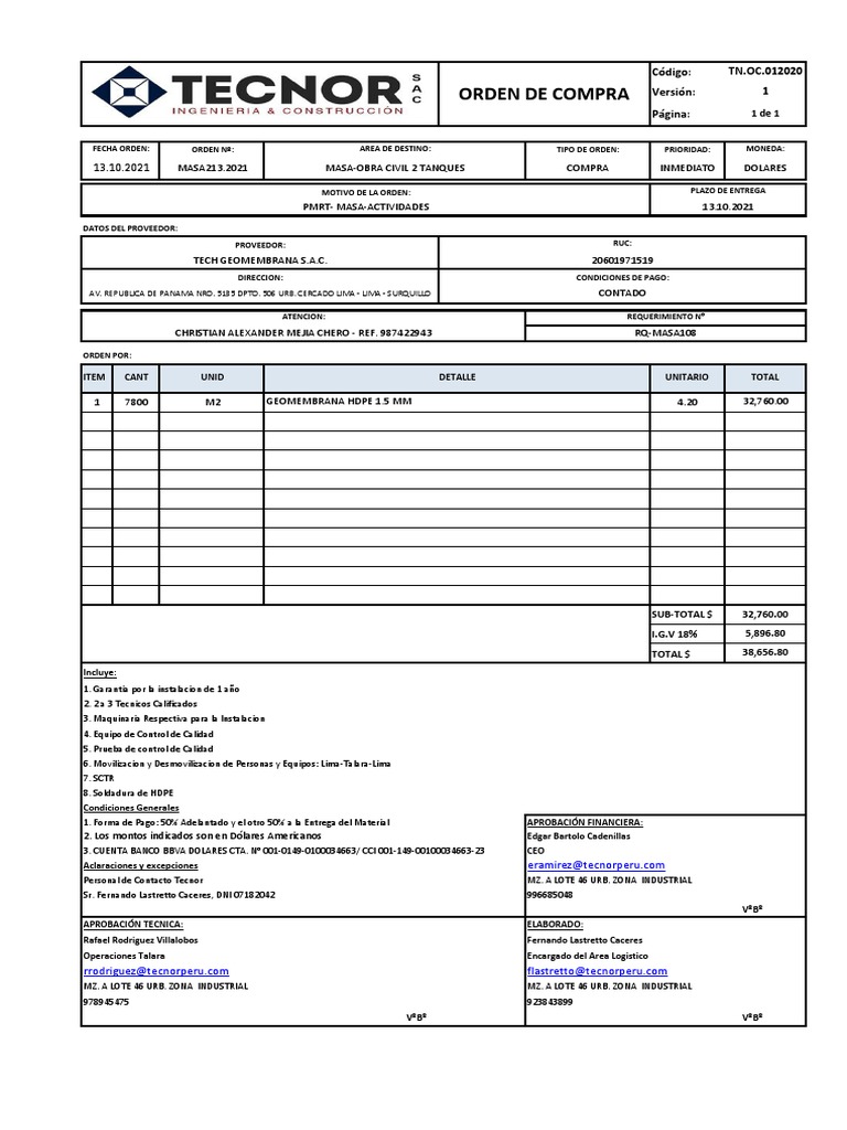 Orden de Compra #Masa213.2021 Tech Geomembrana Sac | PDF