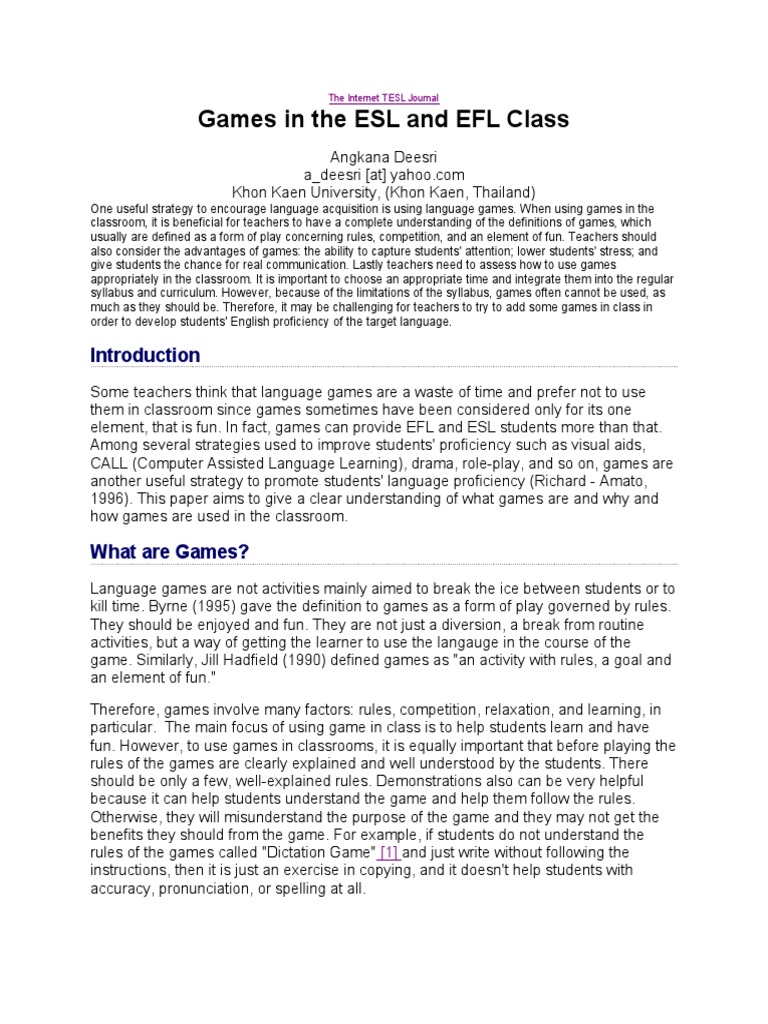 Games in Teachinmg Englishthe Internet TESL Journal | PDF | English As ...