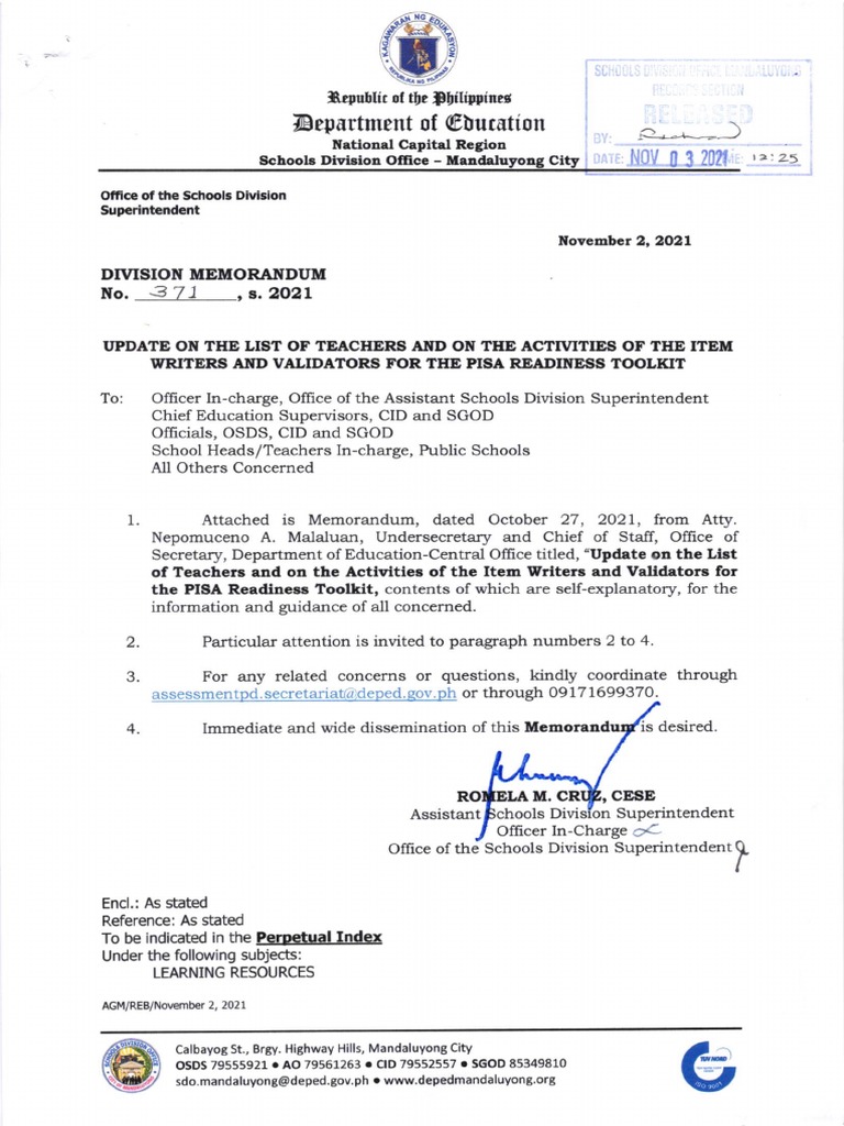 Do Memo No. 371, S. 2021. Update On The List of Teachers and On The ...