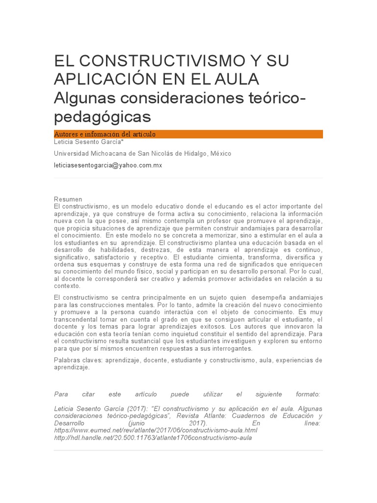 El Constructivismo y Su Aplicación en El Aula | PDF | Constructivismo ...