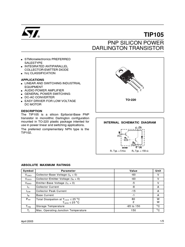 PNP Silicon Power Darlington Transistor: Applications | PDF | Bipolar ...
