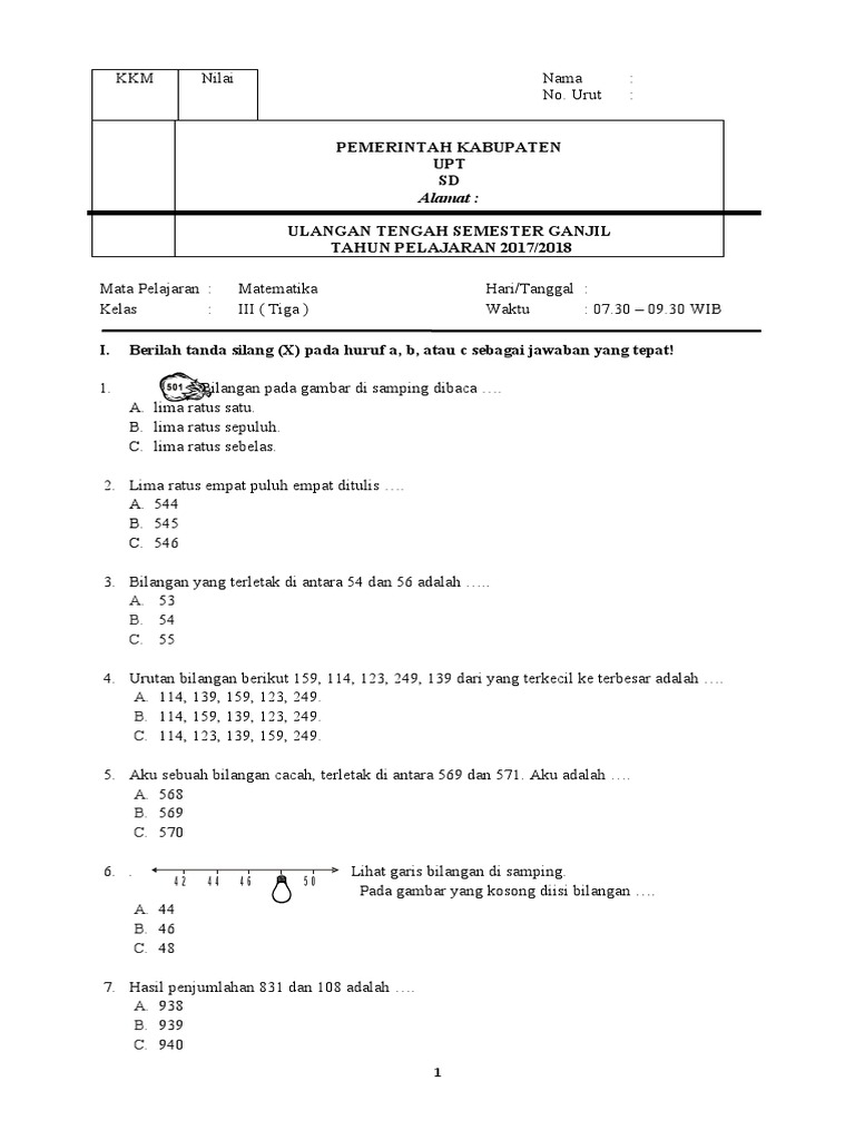 Soal UTS Matematika Kelas 3 Semester 1 | PDF