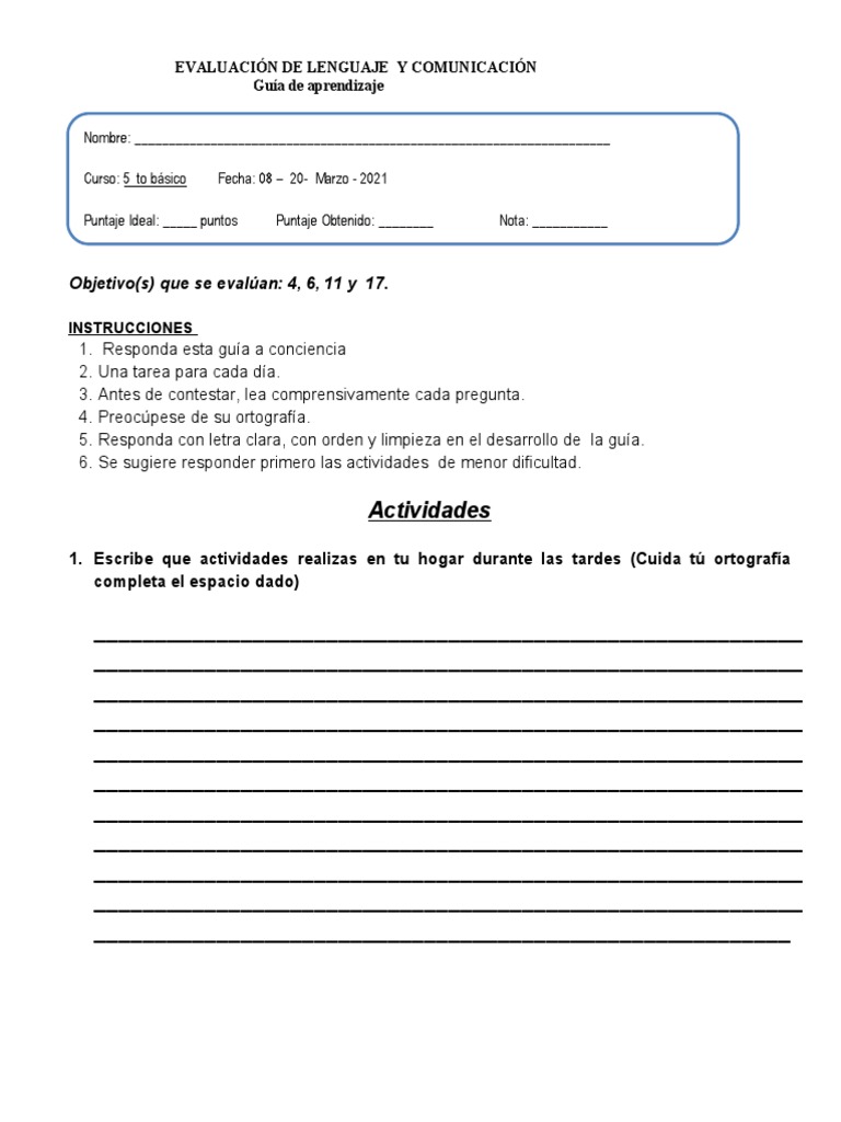 Actividades de Lenguaje 5to Grado | PDF
