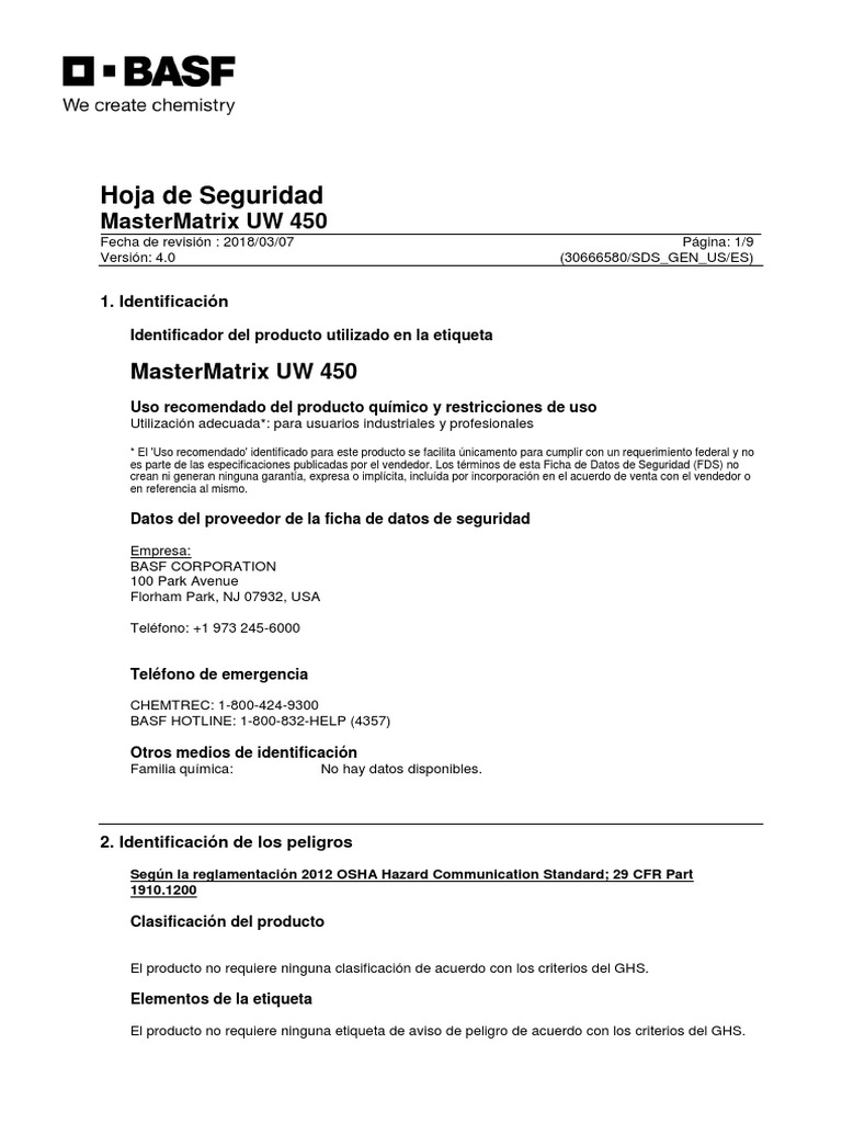 MSDS MasterMatrix UW 450 | PDF | Agua | Toxicidad