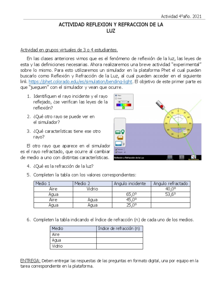 Actividad sobre Reflexión y Refracción de Luz | PDF