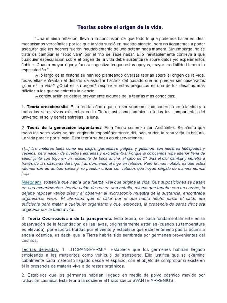 Teorias Del Origen de La Vida | PDF | Teoría | Abiogénesis