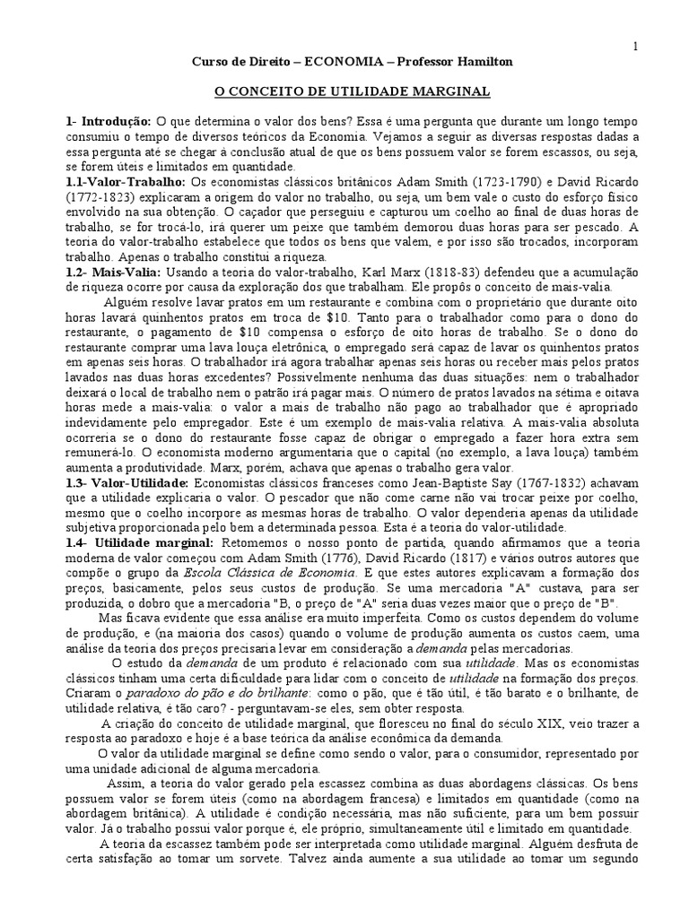 Valor Utilidade Marginal