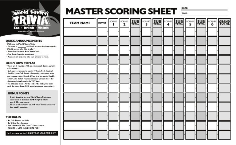Master Scoring Sheet: SUB SUB SUB SUB | PDF | Gaming | Entertainment