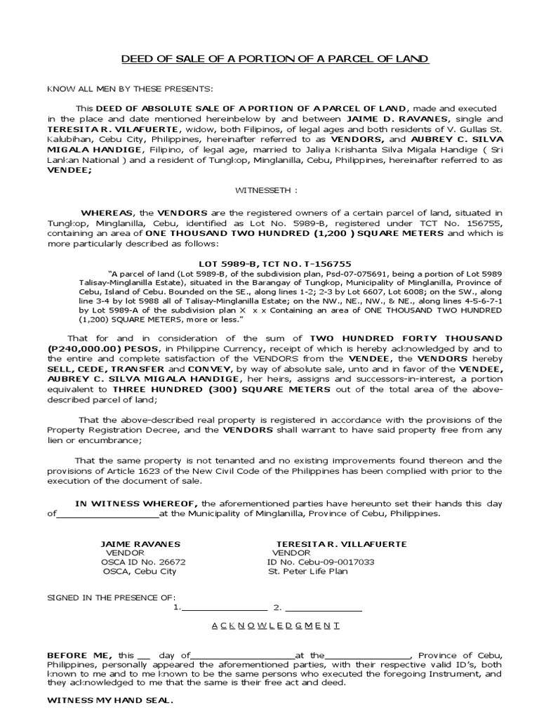 Deed of Absolute Sale: Land Portion | PDF | Land Lot | Urban