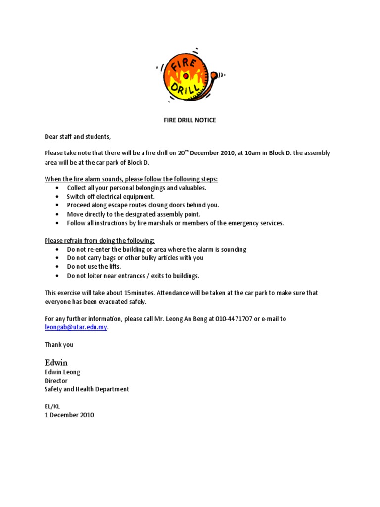 Fire Drill Notice for December 20 | PDF