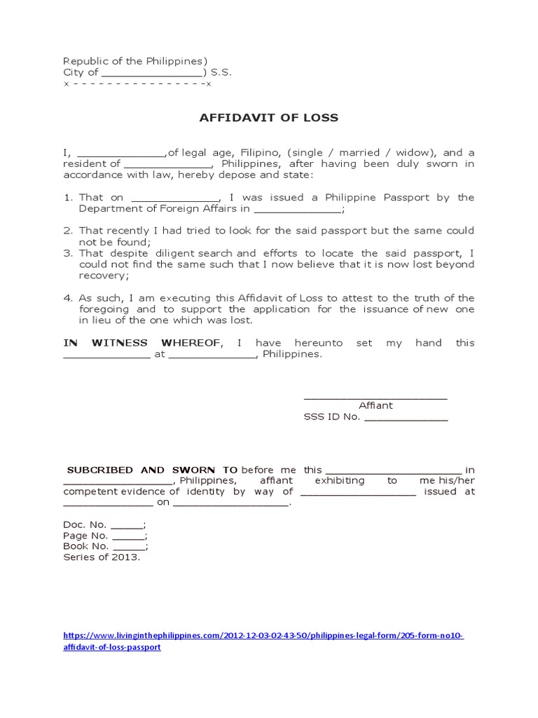 Example Of Affidavit Of Loss Passport