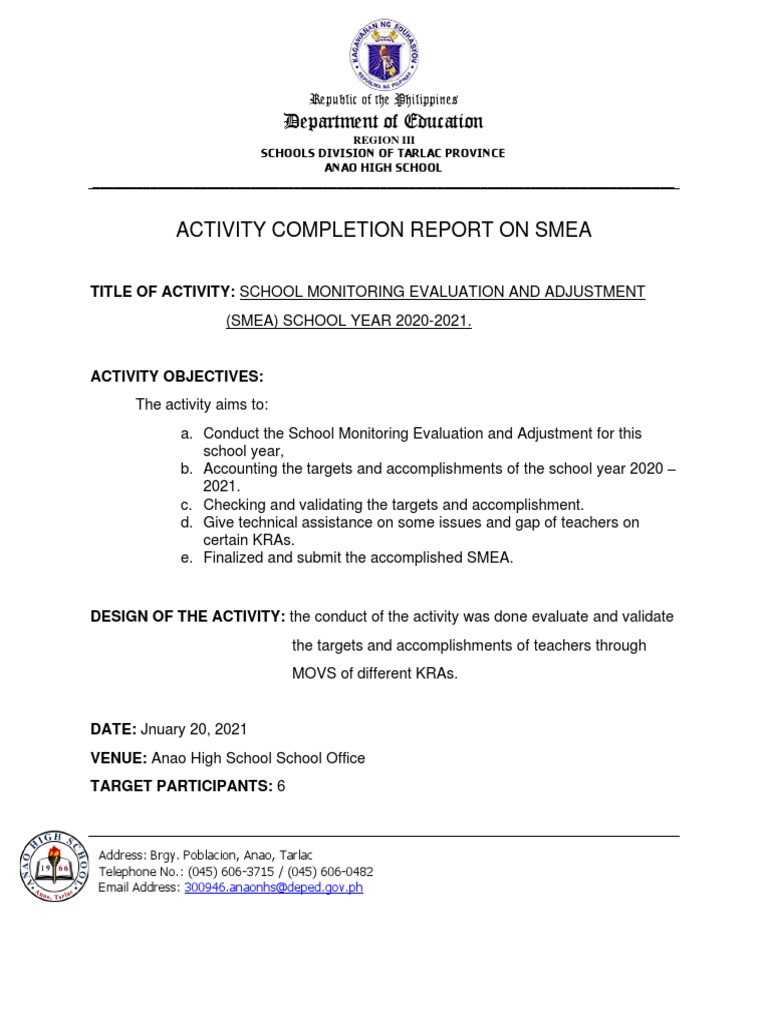 SMEA Activity Report for Anao High School | PDF | Cognition