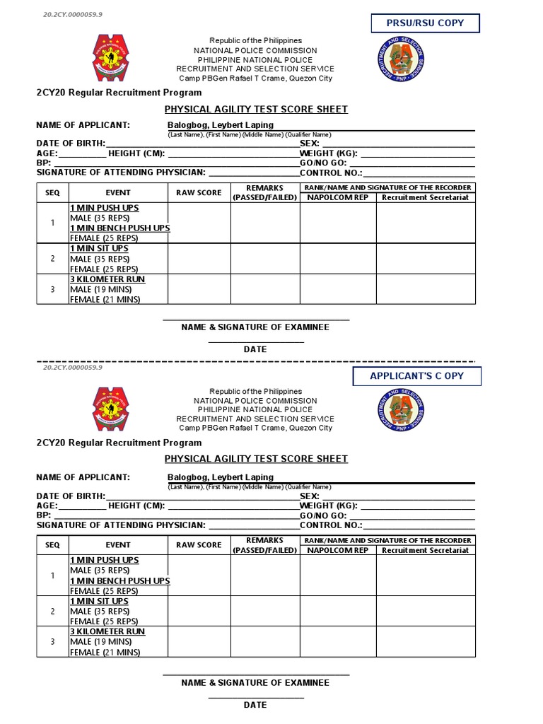 2CY20 Regular Recruitment Program Physical Agility Test Score Sheet ...
