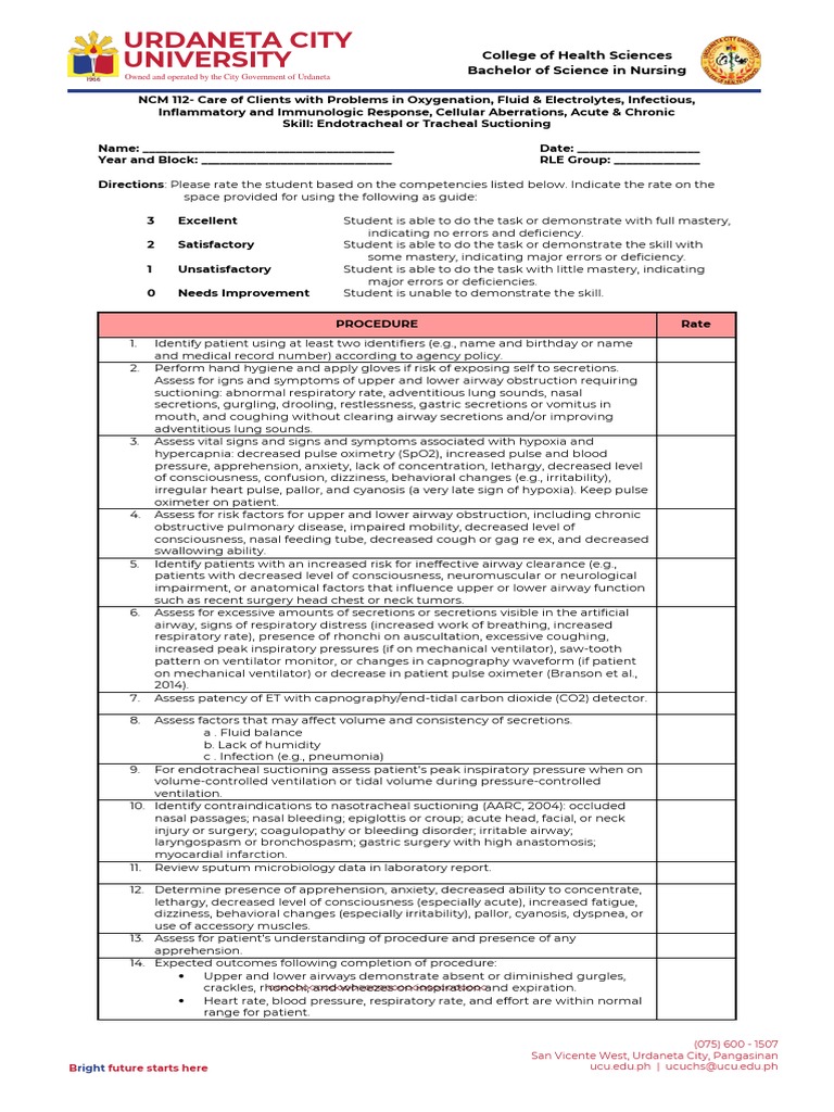 NEW CHECKLIST Endotracheal or Tracheal Suctioning | PDF | Respiratory ...
