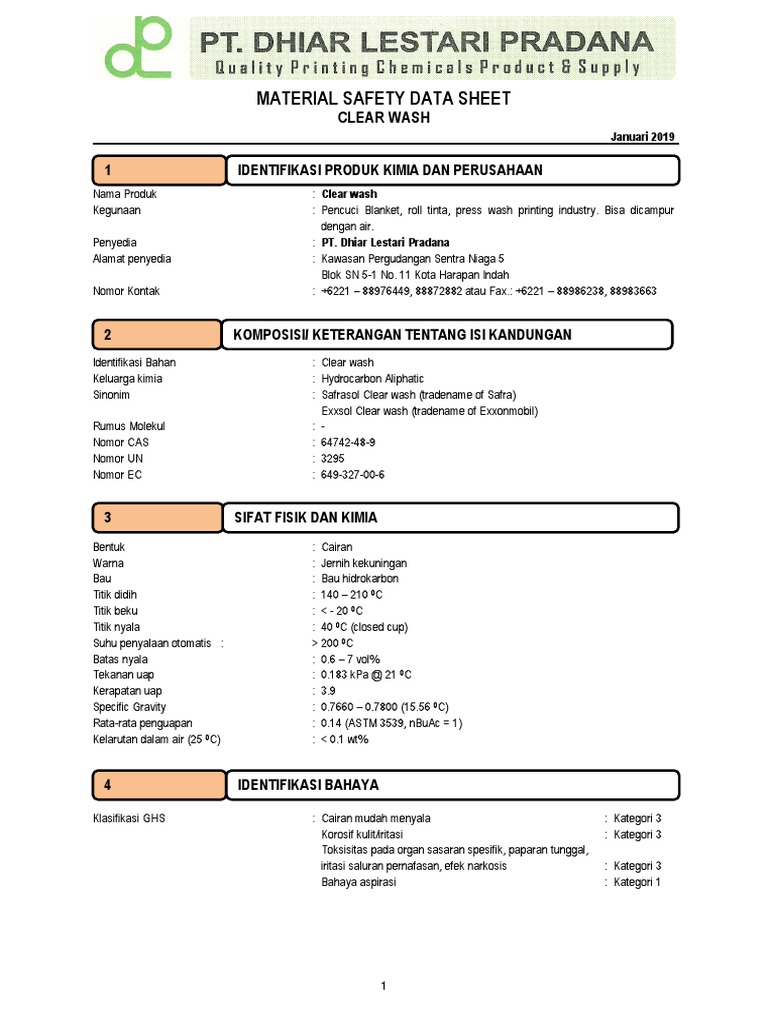 MSDS Clear Wash oleh PT Dhiar Lestari | PDF