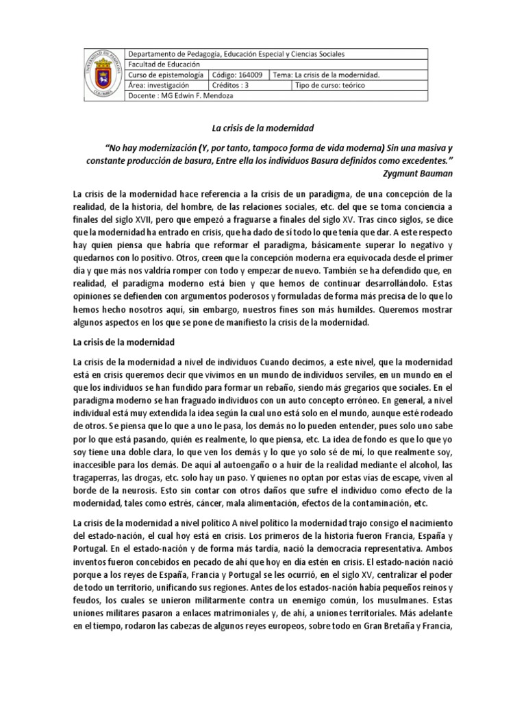 La Crisis de La Modernidad | PDF | Modernidad | Democracia