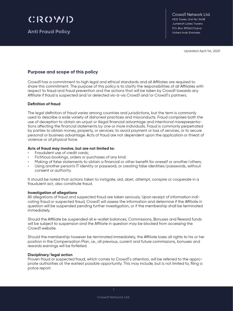 Crowd1 Anti-Fraud Policy Overview | PDF | Fraud | Crime & Violence