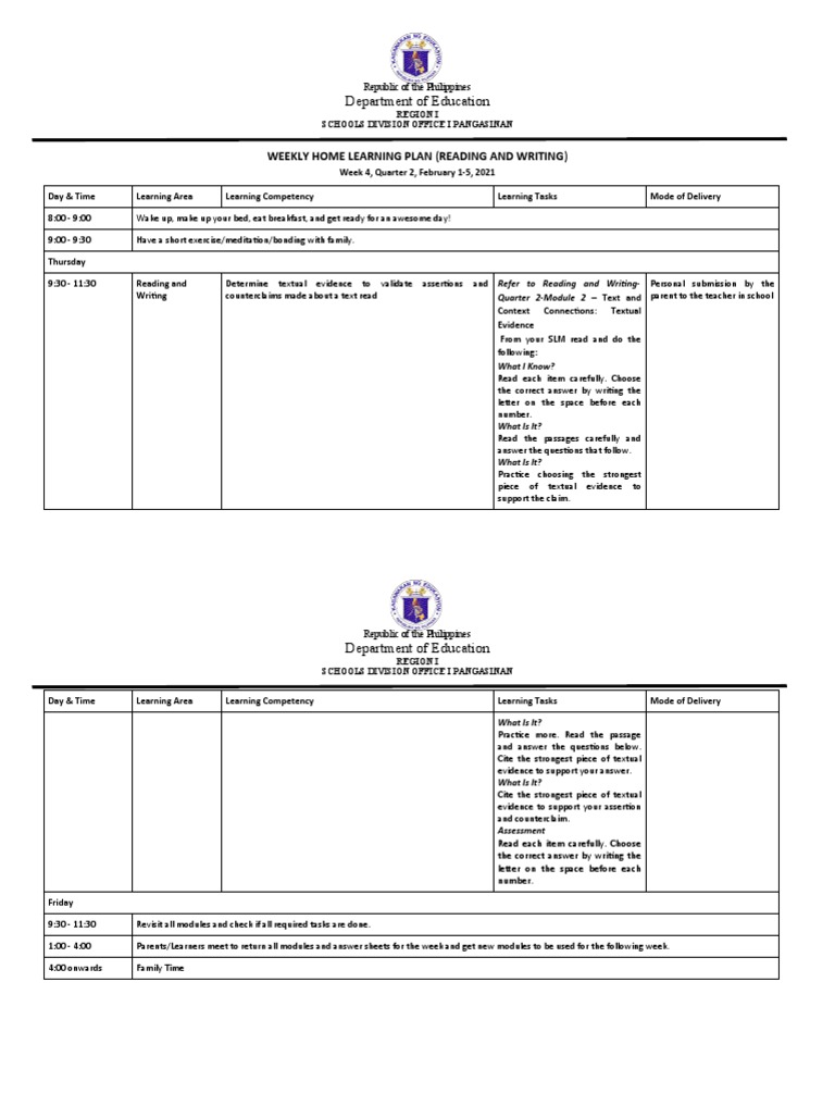 Weekly Home Learning Plan: Reading & Writing | PDF | Learning ...