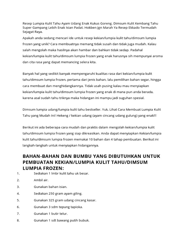 Daftar bahan untuk lumpia isi tahu yang sehat