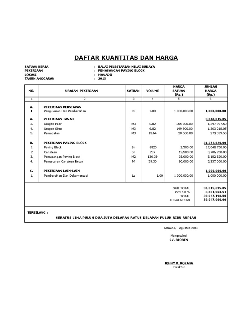 RAB Pemasangan Paving Block Manado 2013 | PDF