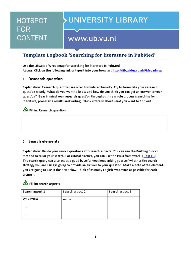 Template Logbook Searching For Literature in Pubmed': Research Question ...