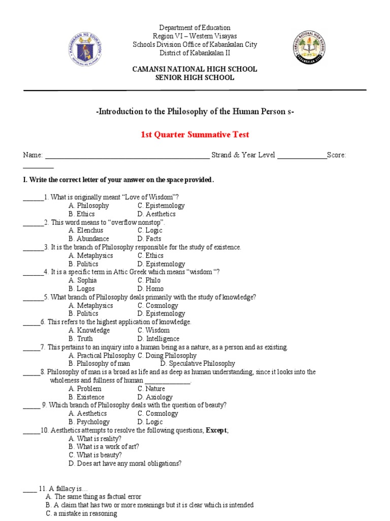 Introduction To The Philosophy of The Human Person S-: 1st Quarter ...