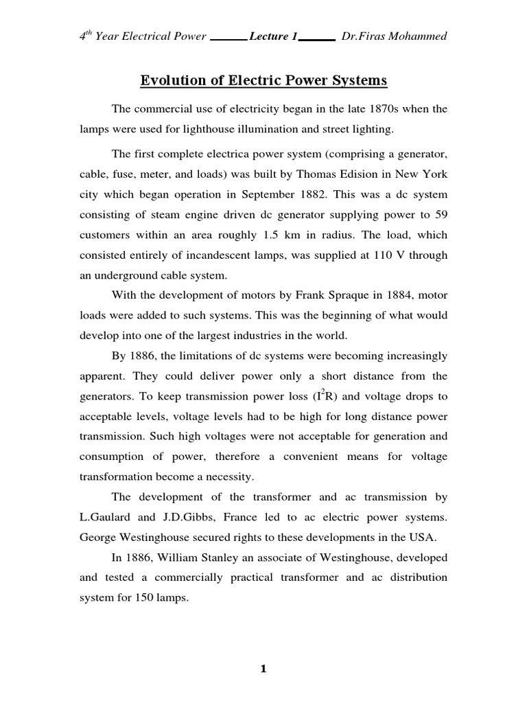 Lecture 1Evolution of Electric Power Systems PDF Alternating Current Electric Power