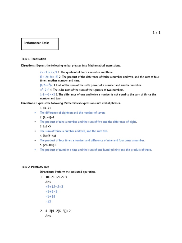Performance Tasks: Task 1. Translation Directions: Express The ...