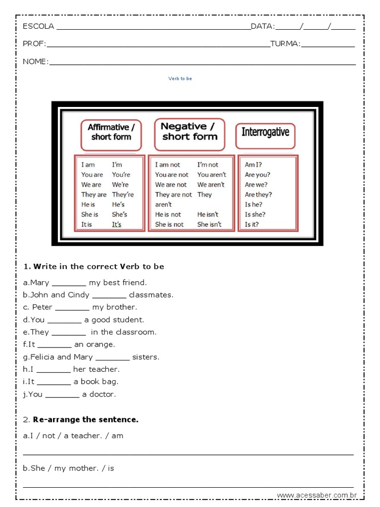 Write in The Correct Verb To Be ReArrange The Sentence PDF