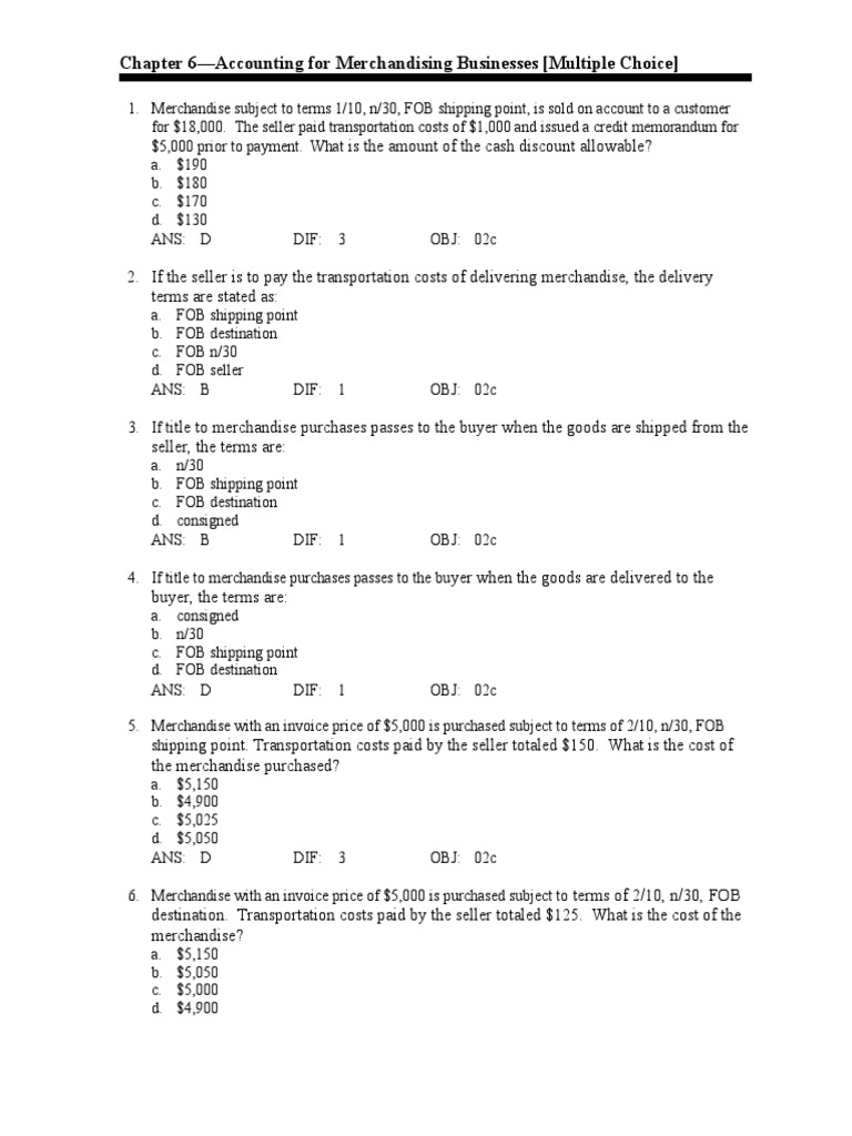Examination Question and Answers, Set D (Multiple Choice), Chapter 6
