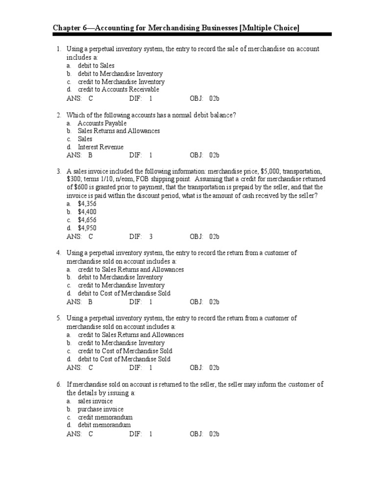 Examination Question and Answers, Set C (Multiple Choice), Chapter 6